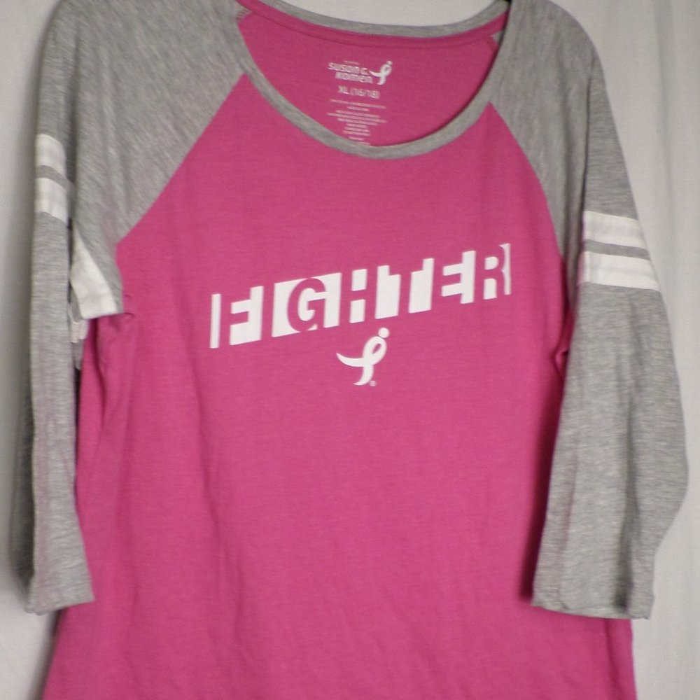 Susan G Komen FIGHTER Mid Sleeve Hot PInk/Grey/White Striped Sleeve XL